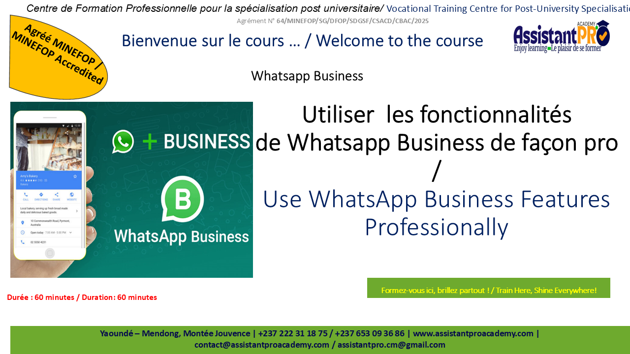 Premier slide du cours Whatsapp Business